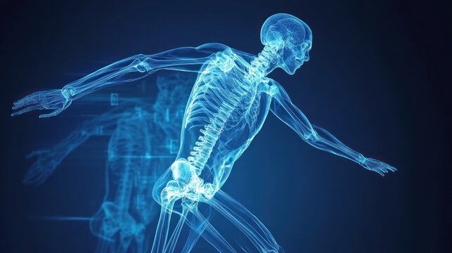 An anatomical illustration of a human skeleton in motion