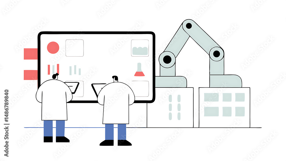 Poster factory digitalization two industrial engineers use tablet computer big data statistics visualizatio