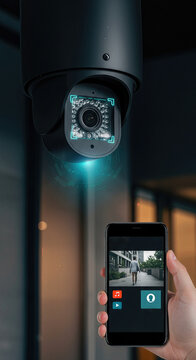 Smart home security system with surveillance camera and mobile app control. Internet of things for property protection. Digital technology for remote monitoring and safety.