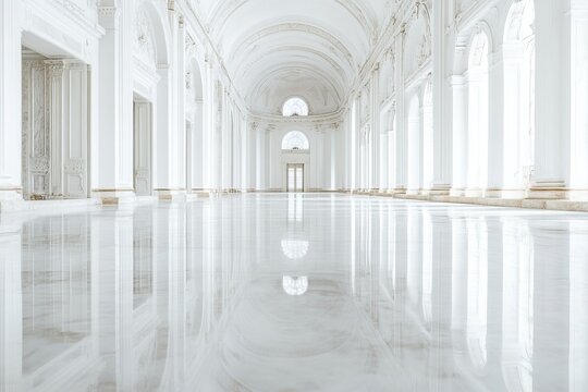 Grand white marble hall with classical columns and arched windows illuminated by natural light