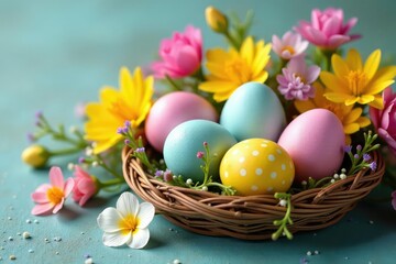 Decorated eggs nestled in a spring flower arrangement, celebrating Easter , celebration, daffodils, cheerful
