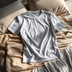 T-shirt Laid on Bed with Cushions and Textured Blanket