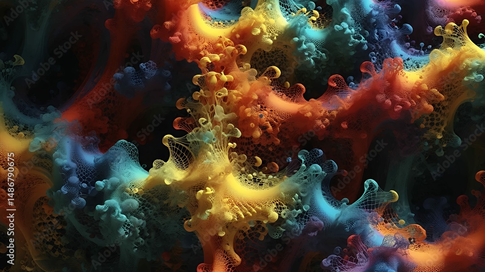 Poster abstract fractal art showcasing a vibrant and colorful, organic net-like structures and glowing orbs