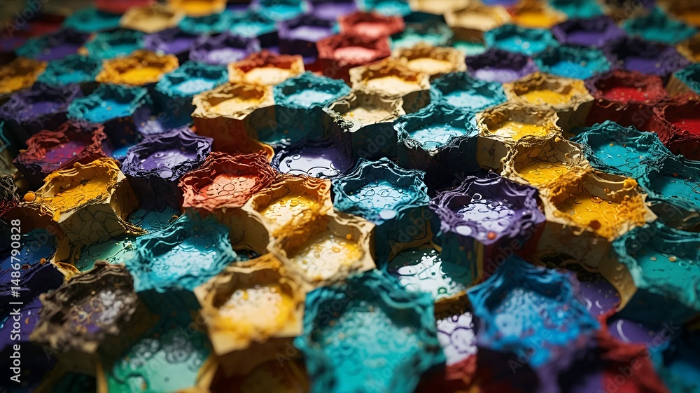 Aufkleber abstract geometric pattern featuring a vibrant mosaic of colorful, textural hexagonal elements.