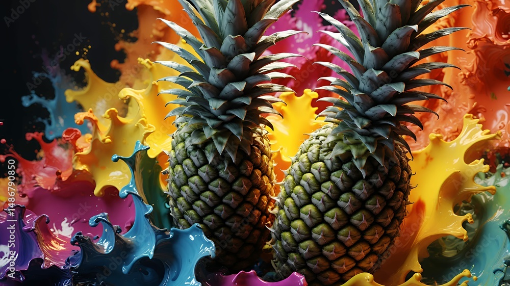 Poster two pineapples juxtaposed against vividly splashing paint creating a vibrant, dynamic composition.