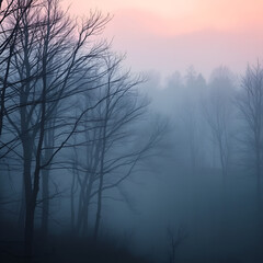 Obraz premium Misty dusk forest with bare trees in fog