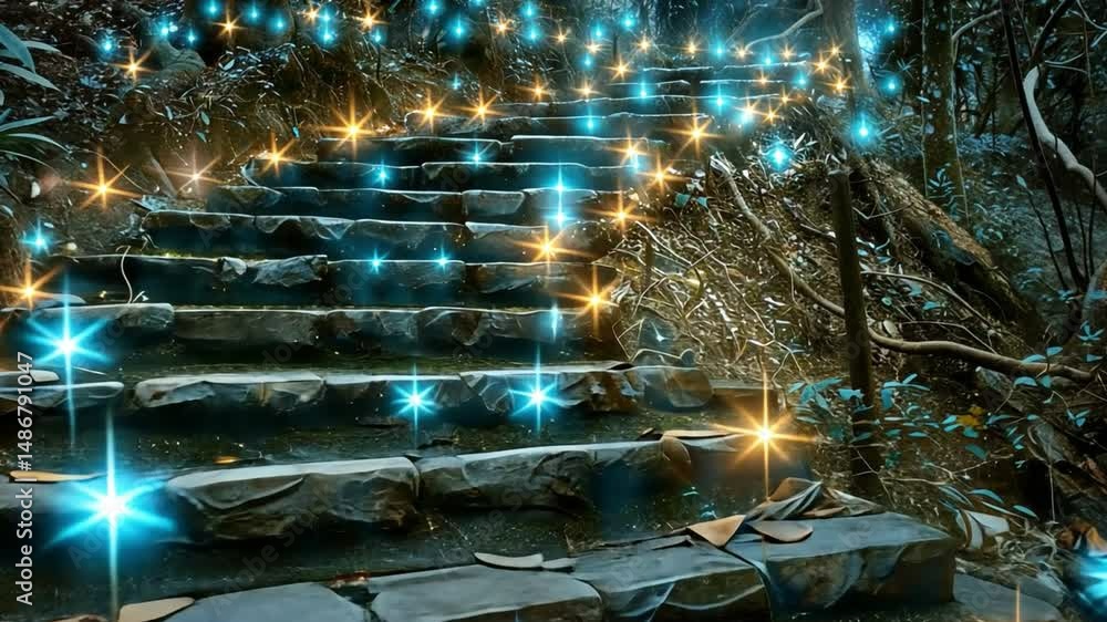 Poster enchanting pathway mystical stone staircase through serene forest of lush greenery and sparkling lig