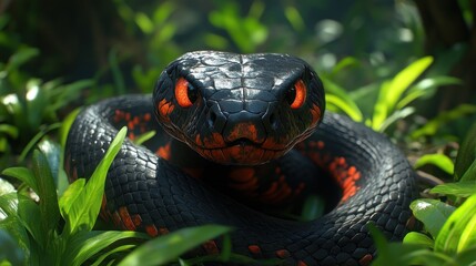 Fototapeta premium Close-up view of a menacing black snake in a jungle setting.