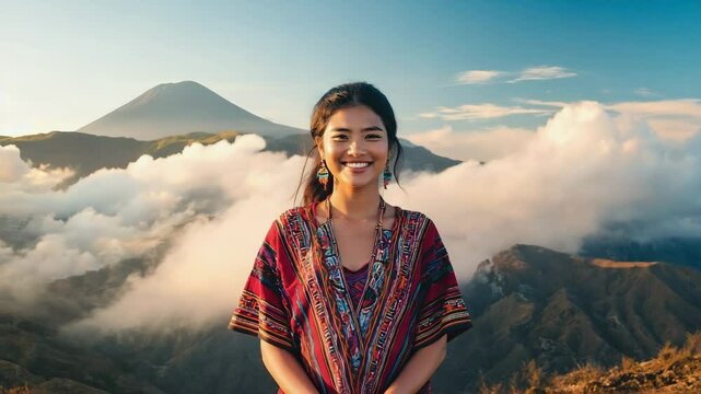 A portrait of a beautiful woman with a smiling face and a mountain backdrop. The woman is wearing a patterned dress. The background is a beautiful landscape