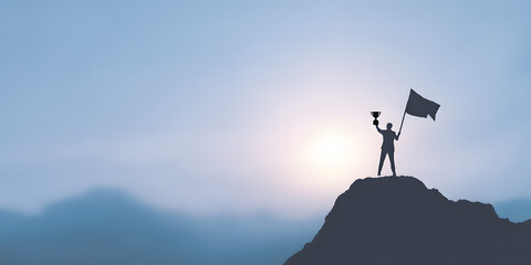 Achieving victory at sunset atop a mountain peak with trophy and flag in hand