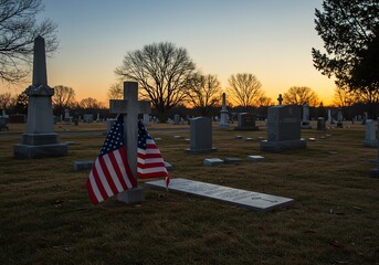 American flag displayed at graveyard cross marker