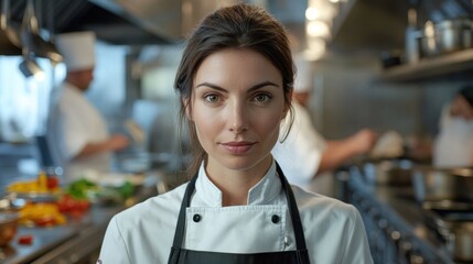 A young European female chef stands confidently in a bustling kitchen, showcasing her passion for culinary arts and professionalism.