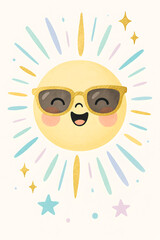 Kawaii sun character with golden sunglasses, sparkles, pastel stars and sunbeams, ideal for wall art, nursery art, greeting cards, and kids decor