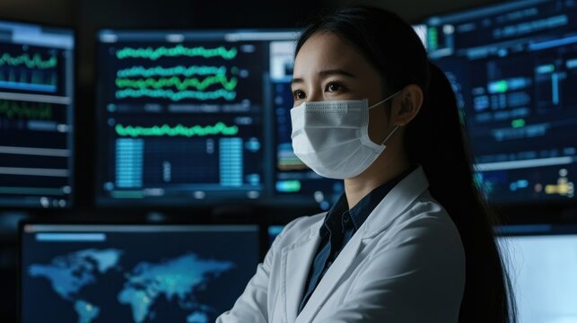 Focused female doctor reviewing data on multiple computer screens