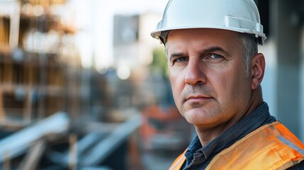 A middle-aged European male construction worker in a safety helmet and high-visibility vest, captured on site. He exudes focus and professionalism in his role.
