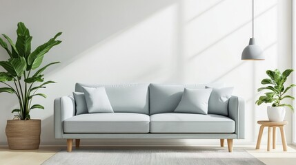 Fototapeta premium A modern living room with a stylish light blue couch present