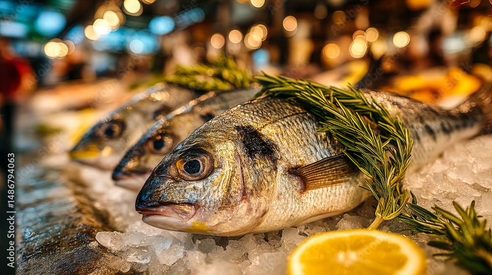 Poster three fish are on a table with a lemon and some herbs. the fish are fresh and look appetizing