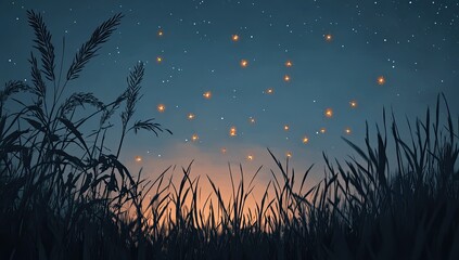 Silhouetted grasses at twilight, fireflies illuminating the night sky