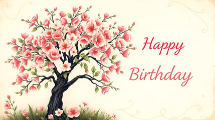 Naklejka premium Greeting card. Happy Birthday. Blooming tree. Vintage floral illustration