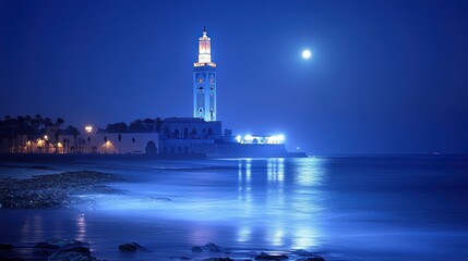 Naklejka premium Illuminated tower overlooking a tranquil night shoreline.