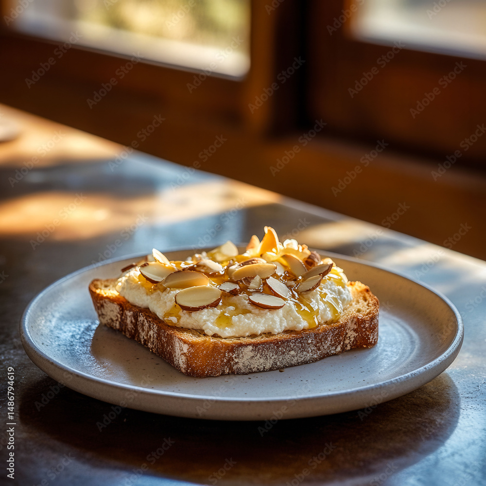 Poster a slice of bread with almonds and a spread on top of a white plate. the plate is placed on a table