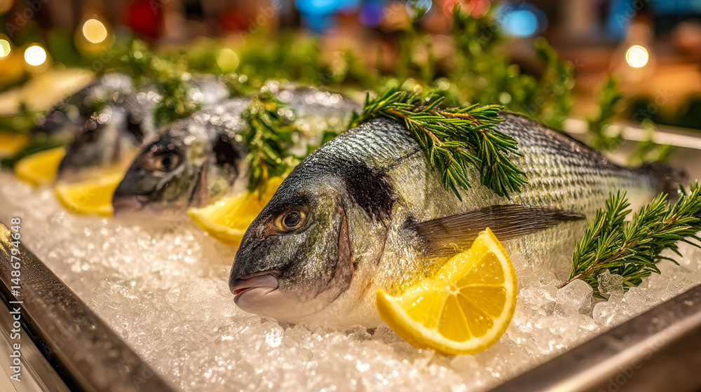 Poster a tray of fish and lemon slices is displayed in a cold case. the fish are garnished with parsley and