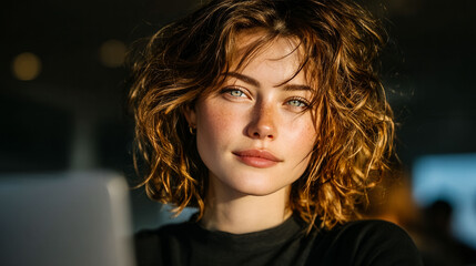 A woman with brown hair and a tan complexion is looking at the camera. She is wearing a black shirt and a laptop is in front of her