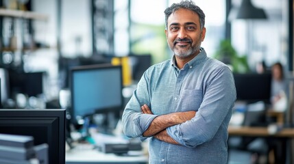 A middle-aged Indian male software engineer poses confidently in an office setting, showcasing a modern workspace with technology and professionalism.