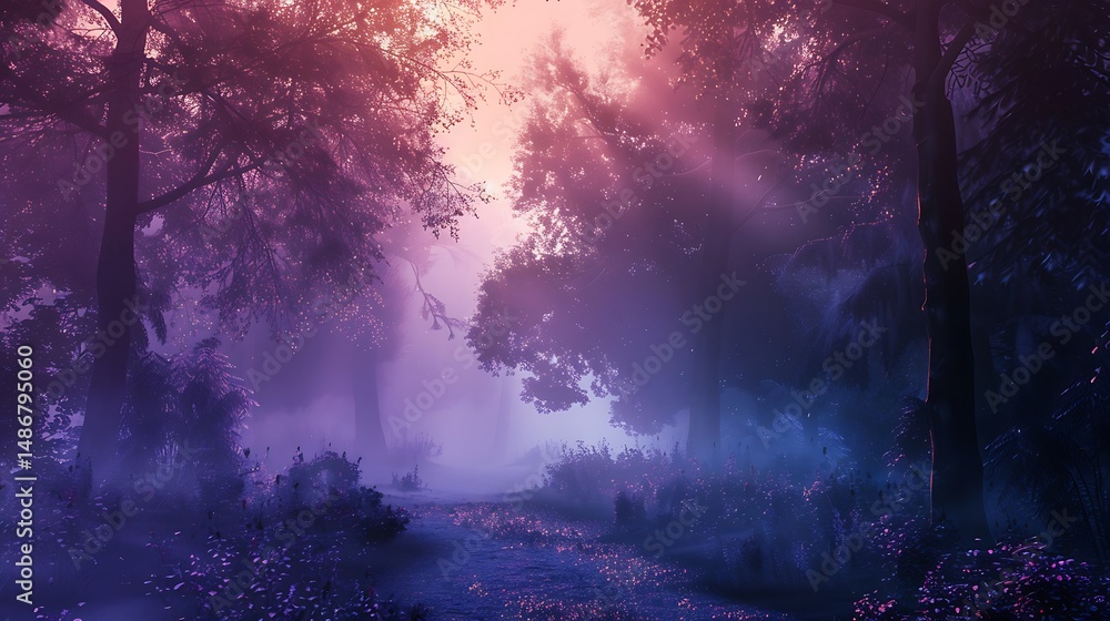 Poster mystical forest path with sunlight penetrating through dense trees and mist