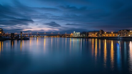 Nighttime Cityscape Reflection with Bridge and Glowing Buildings in Blue Hues