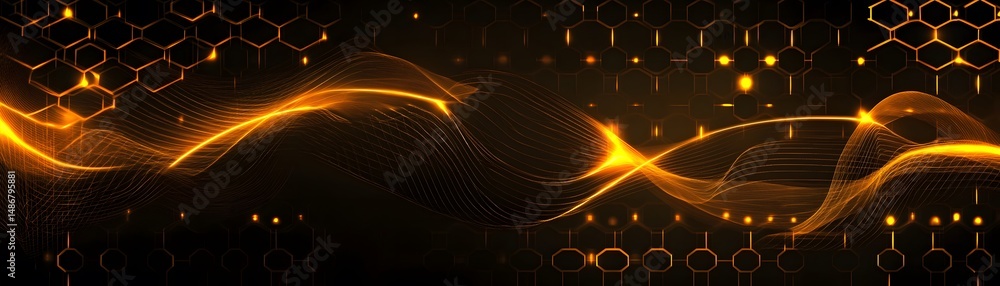 Poster abstract design with golden lines and hexagons