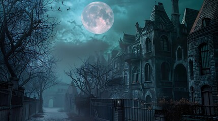 Obraz premium Nocturnal Scene of Gothic Architecture Under a Full Moon and Spooky Atmosphere