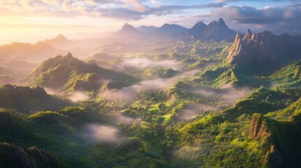 Misty sunrise over lush tropical mountain range