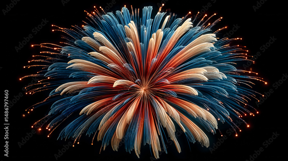 Poster a firework display with red, blue, and yellow colors. the firework is in the center of the image and