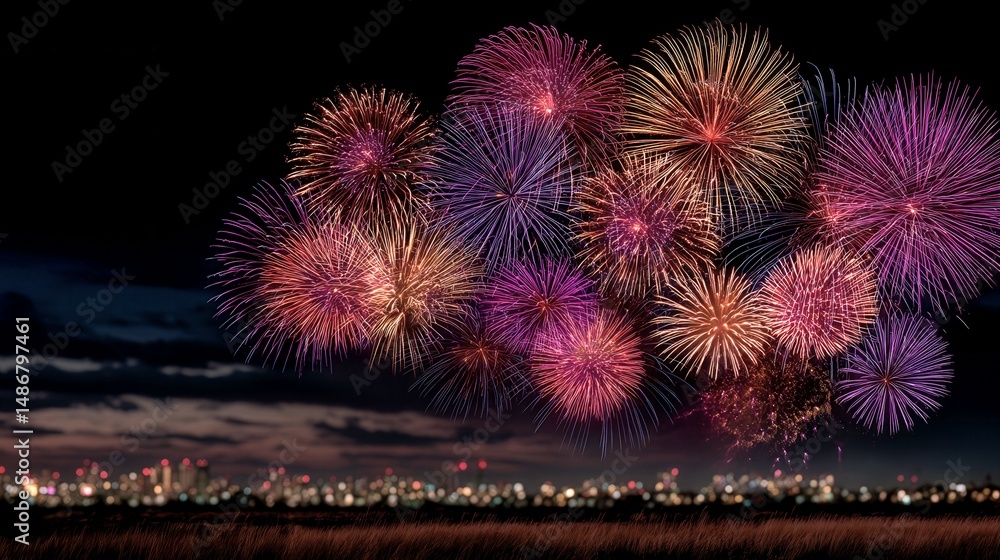 Poster a fireworks display in the sky with a city in the background. the fireworks are in various colors an