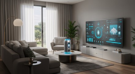 Smart home living room with AI assistant and interactive TV display. Futuristic technology concept for connected homes. Digital lifestyle and automation integration.