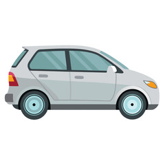  cartoon-style illustration of a light grey hatchback from a side view with white background.