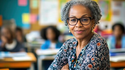 A confident mature African American woman in her early 60s smiles warmly in a classroom setting, embodying wisdom and commitment to education while engaging with her students.