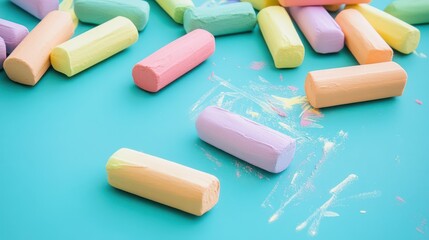 Colorful chalk pieces scattered on a blue surface