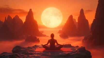 Obraz premium A serene woman meditating atop a rock formation, bathed in golden light.