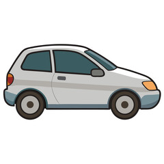 Naklejka premium cartoon-style illustration of a light grey hatchback from a side view with white background.