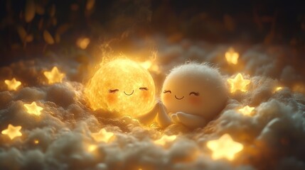 Cute, glowing sun and cloud figures nestled in fluffy clouds.
