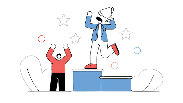 young excited man ecstatic about winning the coveted business person of the year award man jumping after winning the event category handsome specialist celebrating and cheering a colleague  14717697 1