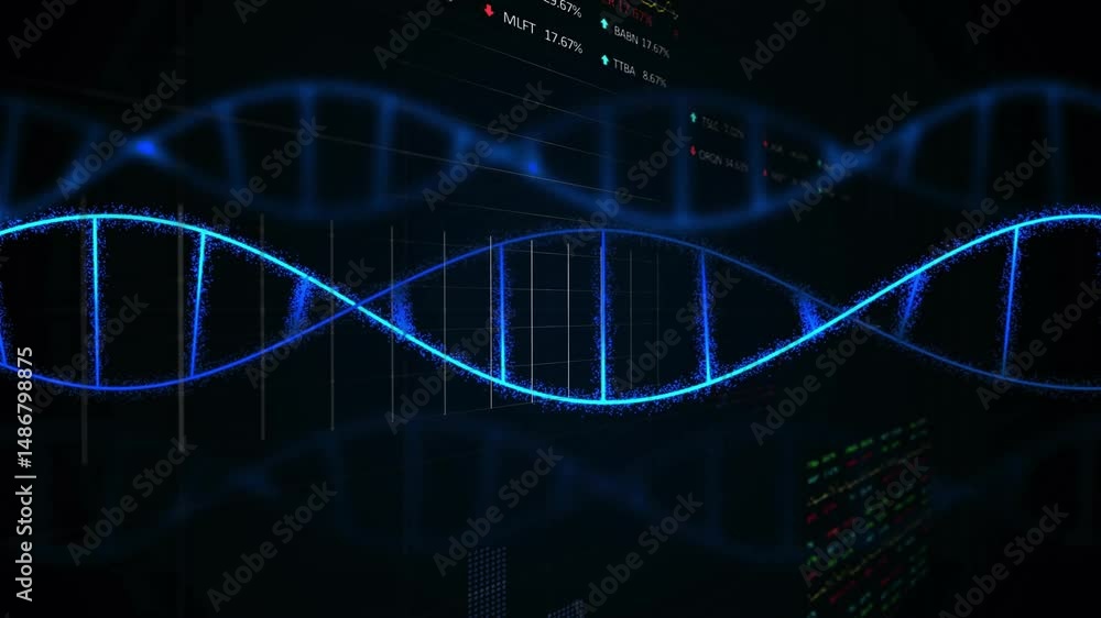 Poster glowing 3d blue dna helix twisting across grid backdrop showing floating data points and labels