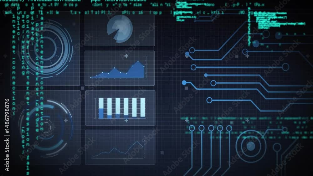 Poster High-tech dashboard showing streaming code, HUD graphics, circuit lines around central data panels