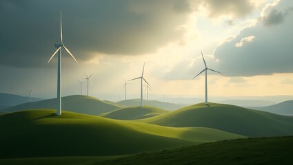 Dramatic Wind Turbines on Green Hills – Sustainable Energy