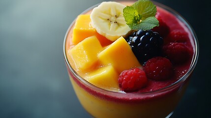 Fruit Smoothie Topped with Mango, Banana, Raspberries, and Blackberries