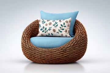 Fototapeta premium Rattan Wicker Chair Garden Furniture Outdoor Seating Cozy Patio Blue Cushions Floral
