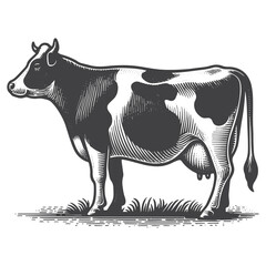 Vintage Hand-Drawn Cow Side View Illustration – Farm Animal Engraved Style Vector for T-Shirts, Posters, Stickers, and Rustic Themes Apparel