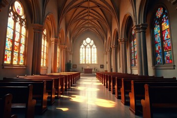 Fototapeta premium A serene church interior, bathed in sunlight streaming through stained-glass windows , church, christianity